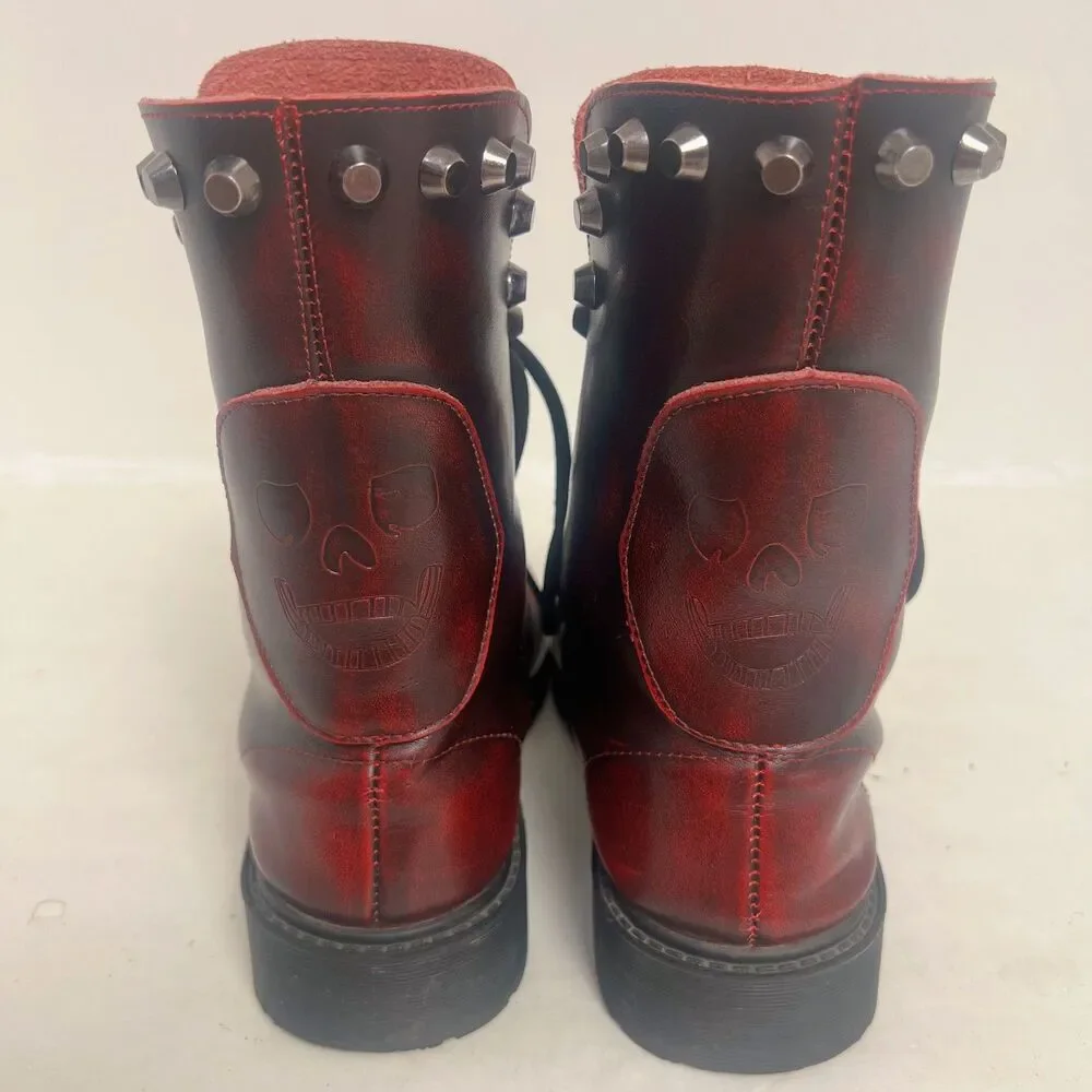 Taizile Burgundy Dark Red Lace Up Combat Boots Studded Skull Women's Size 9
